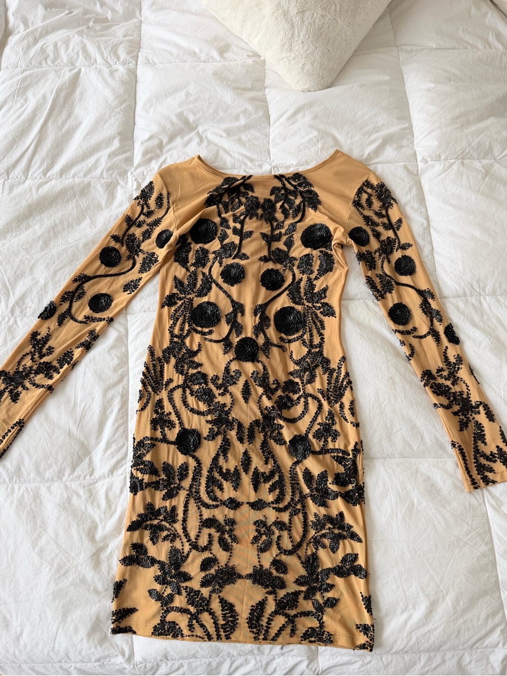 Beaded Long-Sleeve Tan and Black Floral Sheath Dress
